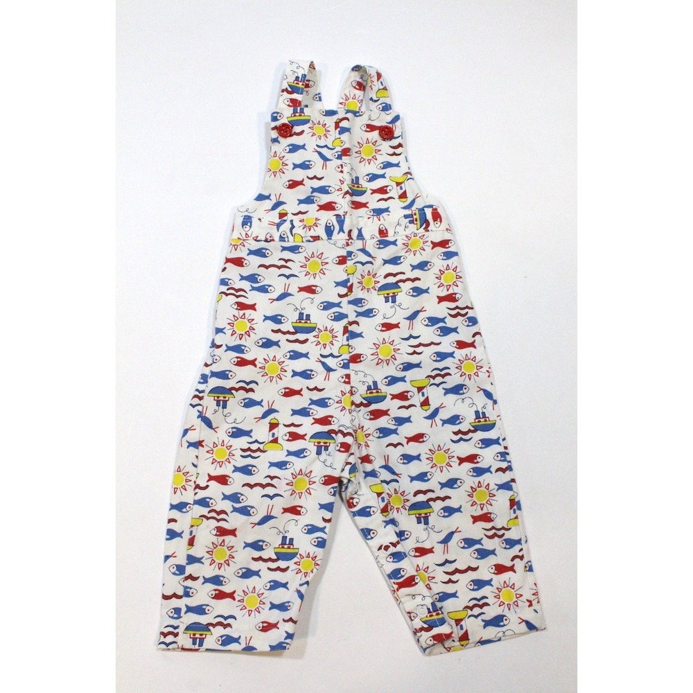 Vintage Heath-Tex Fish Print Overalls Size 18 Months Snap Crotch USA